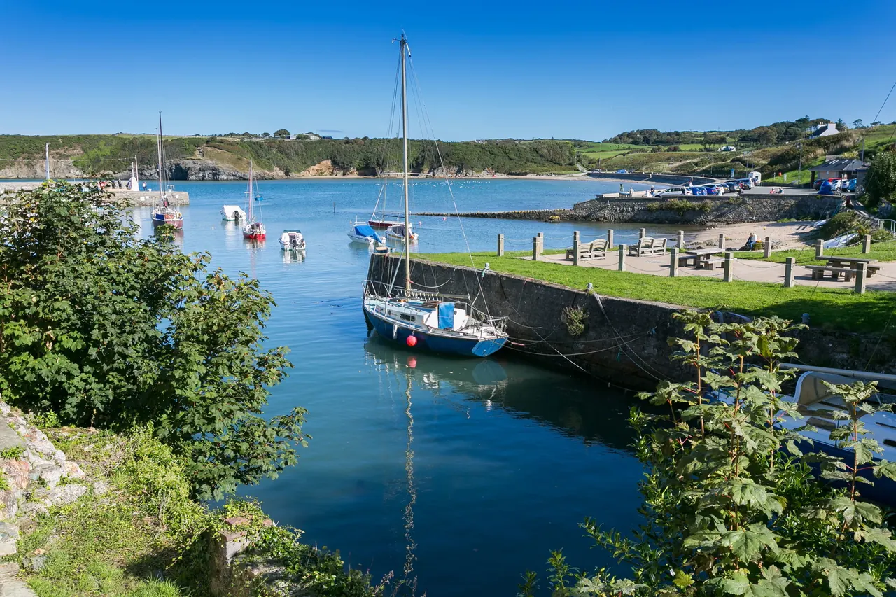 Cemaes Bay harbour and beach from above